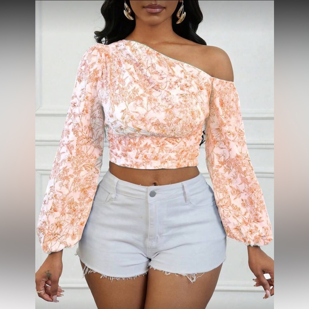 Floral Asymmetrical Neck Ruched Short Puff Sleeve Blouse